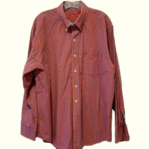 Mens Izod button down shirt. Long sleeves. Navy and red plaid. Large - Picture 3 of 11